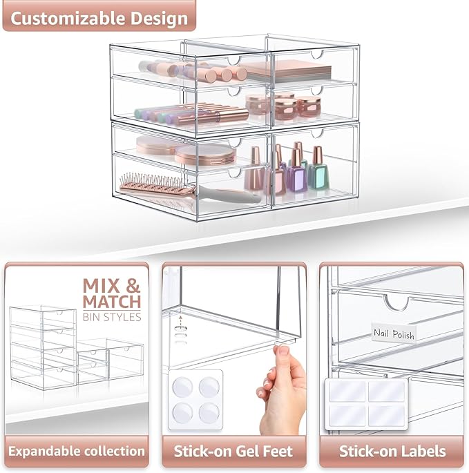 Sorbus Makeup Organizer With 7 Drawers, Acrylic Drawer Organizer for Makeup, Office Organization and Storage, Art Supplies, Jewelry, Stationary - 2 Pcs Clear Stackable Storage Bins Organizer Drawers