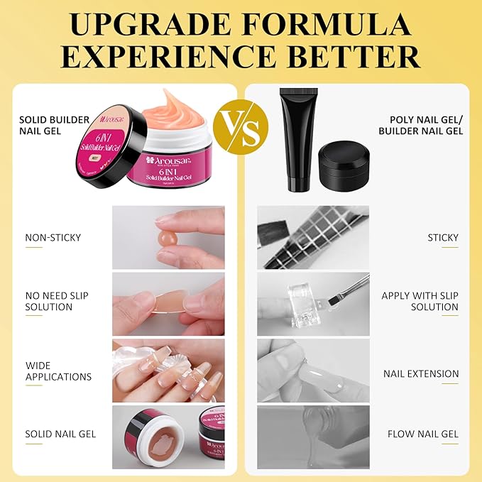 Solid Builder Nail Gel Kit, 4 Colors Non Stick Nail Extension Gel Set, Clear White Pink Apricot Nail Gel with Powder and Decorations Manicure Tools DIY at Home for Professional Salon