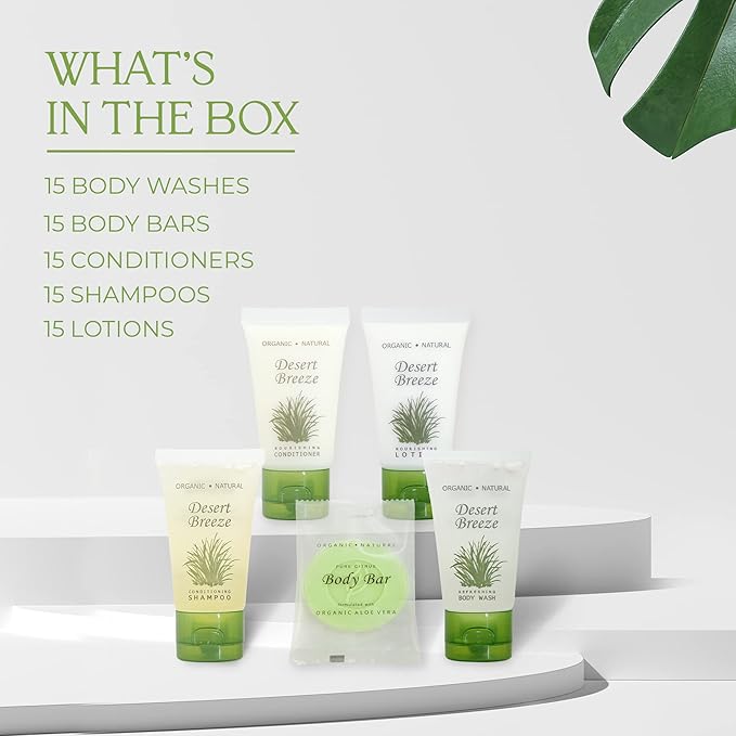 Desert Breeze Hotel Soaps & Toiletries Bulk Set | 1-Shoppe Amenities Kit | 1oz Shampoo & Conditioner, Body Wash, Lotion, Bar Soap | Travel Size | 75 Pieces