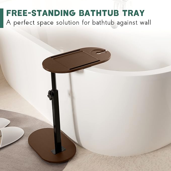 Bamboo Bathtub Tray Table with Adjustable Height, Freestanding Bath Caddy Side Table for Tub Against Wall, Tub Shelf with Wine Glass Phone Holder, Functional Tray - Patent Protected (Brown)