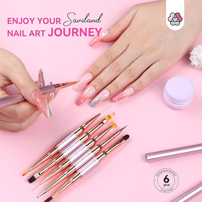 Saviland 6Pcs Nail Art Brushes with Cap – 12 Nail Design Brushes for Nail Art Double-End Gel Nail Brush Multifunctional Nail Brush Nail Art Liner Brush Dotting Tools for Home Manicure, Christmas Gifts