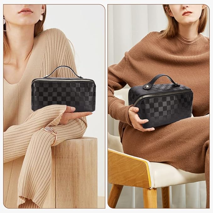 Cessfle Large Capacity Travel Cosmetic Bag Plaid Checkered Makeup Bag Portable Leather Waterproof Skincare Bag with Handle and Divider for Women, Black