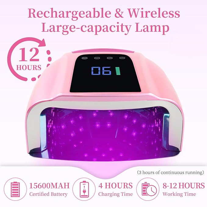 96W Rechargeable UV LED Nail Lamp, Portable Cordless UV Light for Nails with LCD Display Auto Sensor, 4 Timer Setting and Smart Sensor Nail Dryer,Nail Cure Light with Removable Bottom(Pink)