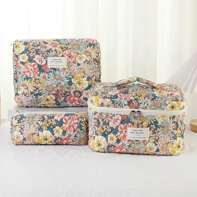 Makeup Bag, 3 PCS Quilted Makeup Bag, Cute Floral Cotton Cosmetic Bag set, Coquette Makeup Pouch Large Travel Toiletry Bag