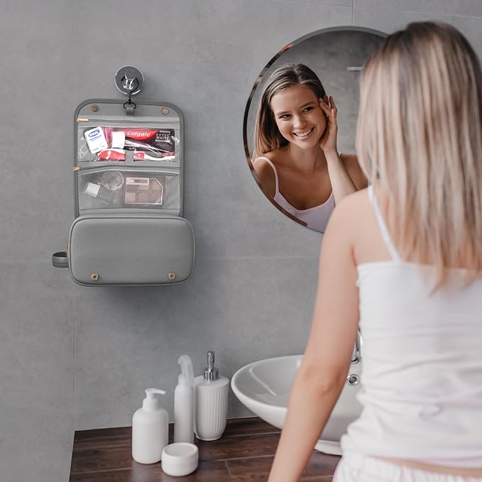 Leather Travel Toiletry Bag for Men with Removable Cover and Hanging Hook - Dopp Kit for men - Makeup Bag Organizer for Women for all your Travel Essentials (Grey)