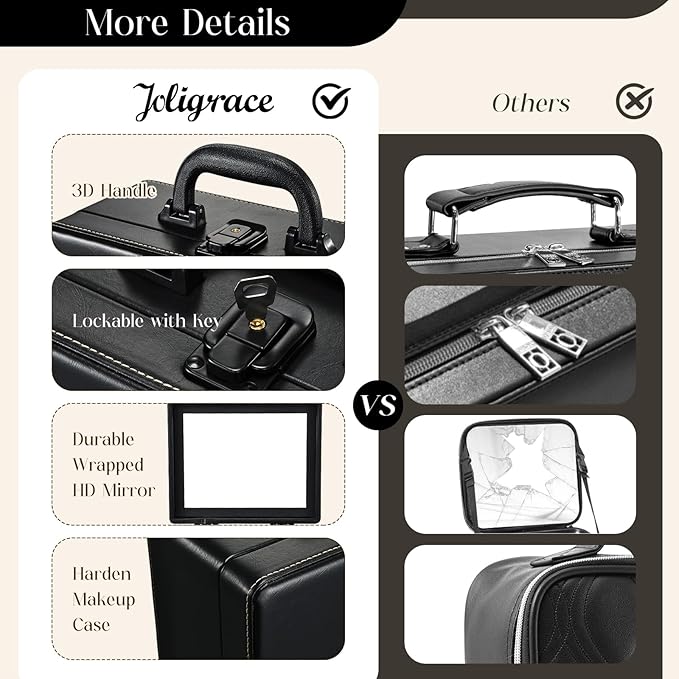 Joligrace Travel Makeup Case with Mirror, Makeup Organizer Case, PU Leather Makeup Train Case Portable Vanity Case Make up Box Countertop Storage Bag for Women,with Adjustable Dividers & Brush Holder