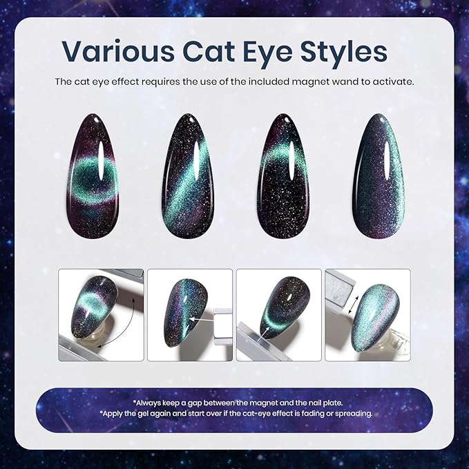 Beetles Cat Eye Gel Nail Polish, 6 Colors Black Purple Blue Galaxy Cat Eye Gel Polish Set, Milky Way Glitter Gel Nail Polish with Magnet Stick, Soak Off Uv Lamp Gel Cat Eye Nail Polish Gifts for Women