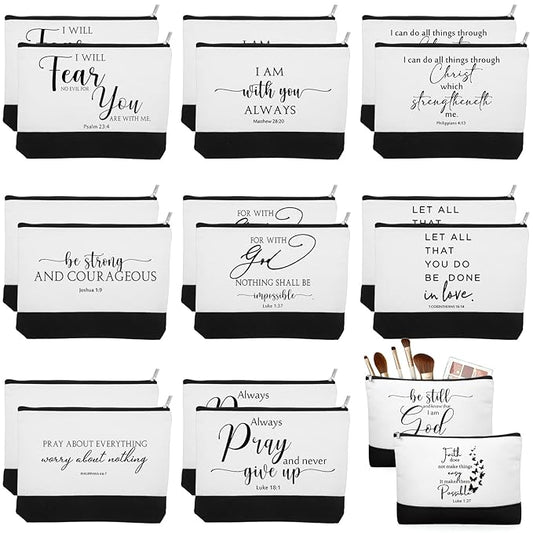 20 Pcs Christian Gifts for Women Religious Makeup Bags Cosmetic Inspirational Bible Verse Pencil Pouch with Zipper Mothers Day Thank You Church Gift Mom Travel Employee(White&black,Classic)
