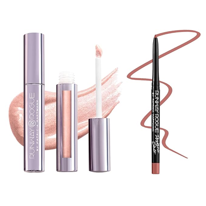 Runway Rogue LuxGloss Kit with Moisturizing Lip Gloss Tube, Photo Filter and Lip Liner Pencil, Nude Awakening