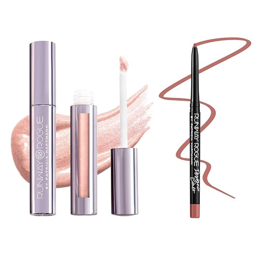 Runway Rogue LuxGloss Kit with Moisturizing Lip Gloss Tube, Photo Filter and Lip Liner Pencil, Nude Awakening