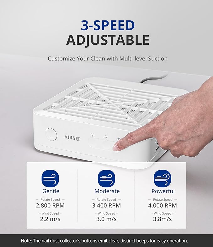 AIRSEE GD3 Nail Dust Collector for Salon and Home Use,Powerful and Quiet Manicure Vacuum for Acrylic Gel Nail Polishing with Reusable Filter,3-Speed Adjustable Extractor Fan,White