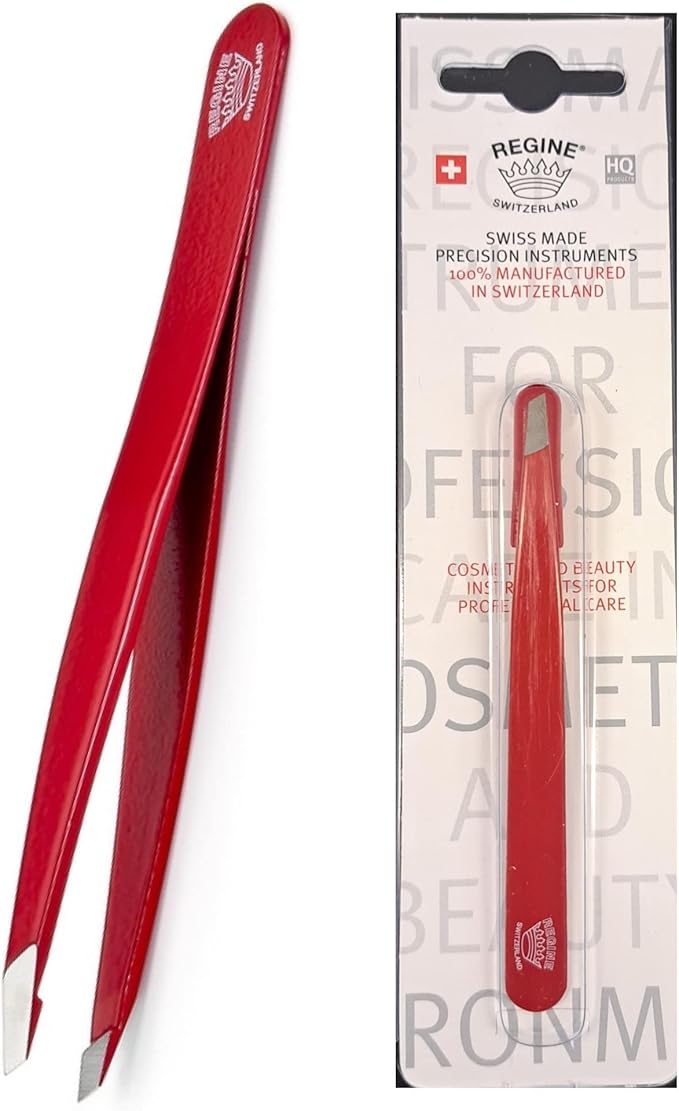 Slant Tweezer - Handmade in Switzerland - Professional Eyebrow & Facial Hair Remover - Etched Interior Grabs Hair from The Root - Perfectly Aligned Tips - Stainless Steel, Red