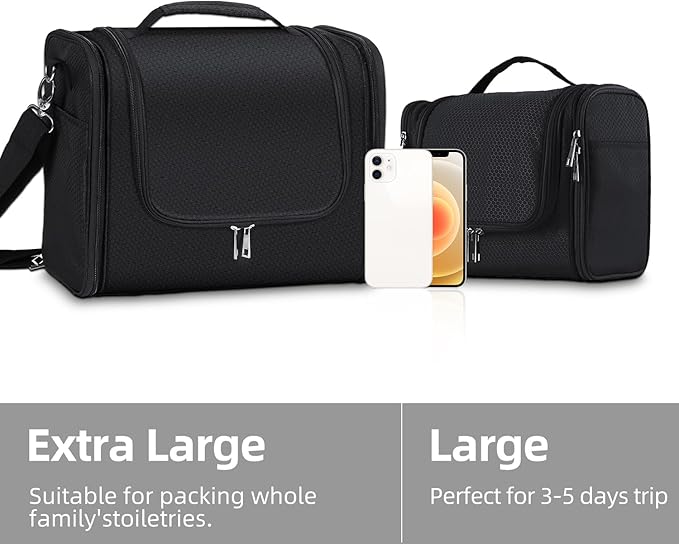 Buruis Extra Large Capacity Toiletry Bag for Women and Men, Hanging Toiletry Organizer Cosmetics Makeup Bag, Water-resistant Dopp Kit for Full Sized Toiletries, Travel Essentials (Black)