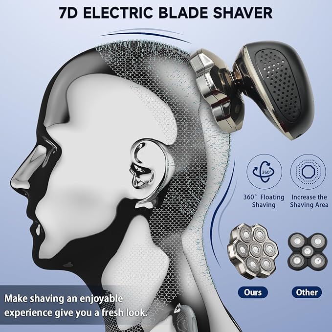 Electric Head Shaver for Bald Men, 5-in-1 Rotary Shaver for Bald Men, Waterproof Wet/Dry Grooming Kit Electric Shavers for Mens, Cordless Rechargeable 7D Bald Head Razor for Home&Travel 311 Black