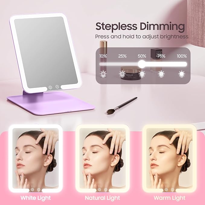 Benbilry Foldable Travel Makeup Mirror with Lights and 20X Magnification, Rechargeable Tabletop LED Vanity Mirror with Adjustable Stand, 3-Colored Dimmable Lighting, Portable Cosmetic Mirror, Purple