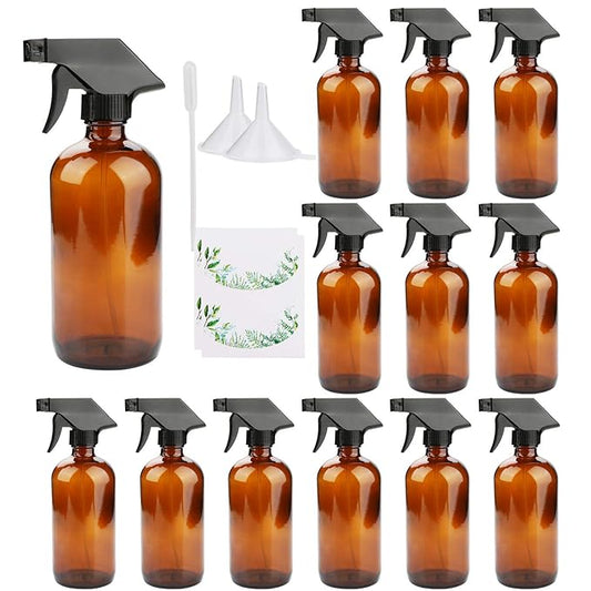 16oz Amber Glass Spray Bottles，Adjustable Sprayers & Chalk Labels, with caps for Essential Oils, Cleaning Products, or Aromatherapy (Spray Bottle Set) [12 pack]