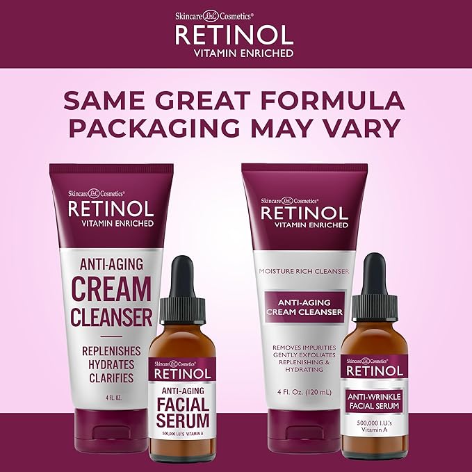 Retinol Anti-Wrinkle Facial Serum – Vitamin-Enriched, Smoothes Fine Lines & Wrinkles + Retinol Anti-Aging Cream Cleanser – Daily Deep Cleansing Facial Wash Exfoliates & Moisturizes.