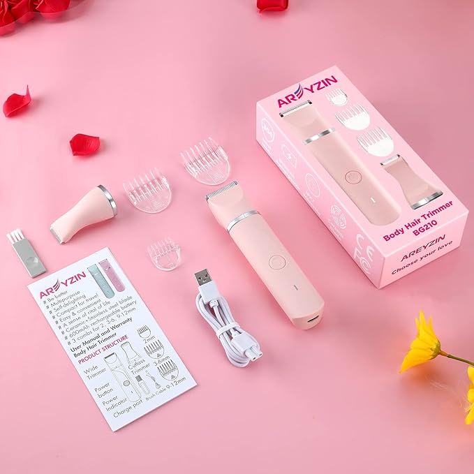 AREYZIN Bikini Trimmer for Women,Electric Razors Shaver for Bikini Legs Pubic Hair,Rechargeable Ladies Bikini Hair Trimmer Removal with Snap-in Ceramic Blades IP7X Washable Head,Wet and Dry Use,Pink