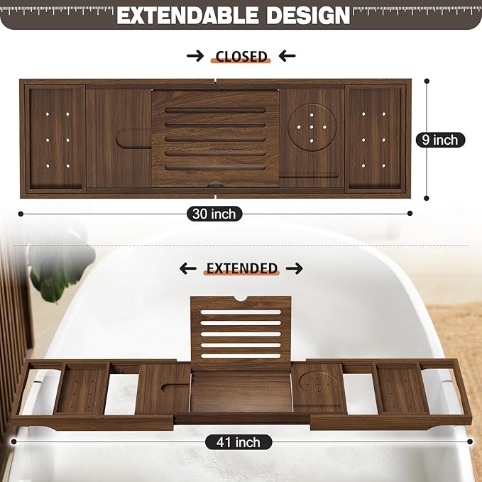 Teak Bathtub Tray, Bath Tray for Tub Bathroom Expandable Wood Bath Rack Across Tub Teak, as Unique Housewarming, Holiday, Birthday Gifts