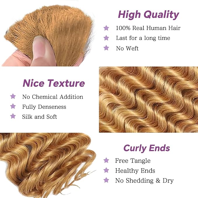 Human Braiding Hair For Boho Braids Deep Water Wave Human Bulk Hair for Braiding 12A Brazilian Virgin Human Hair Extensions for Boho Braids 3 Bundles/Pack 110g Honey Blonde 20inch