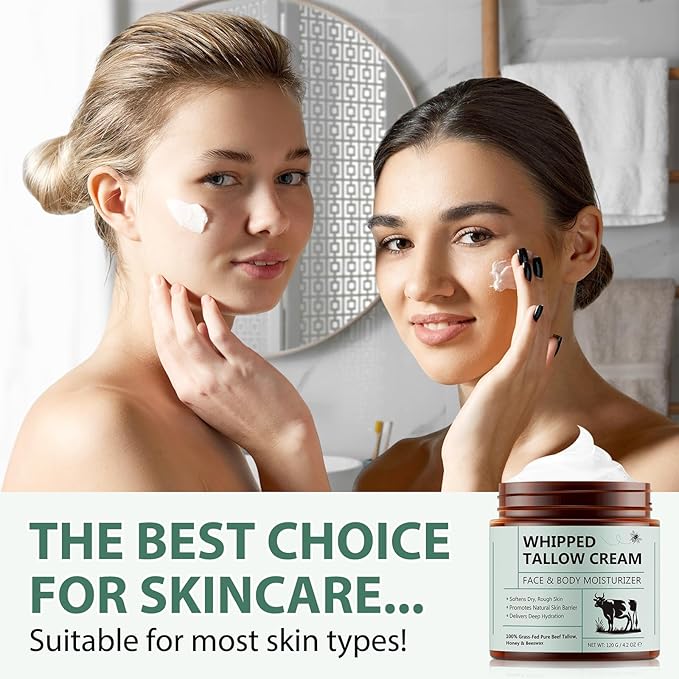 Beef Tallow for Skin, Tallow Face Moisturizer, 8.4 oz Organic Whipped Grass Fed Beef Tallow with Honey Cream for Face & Body, Unscented