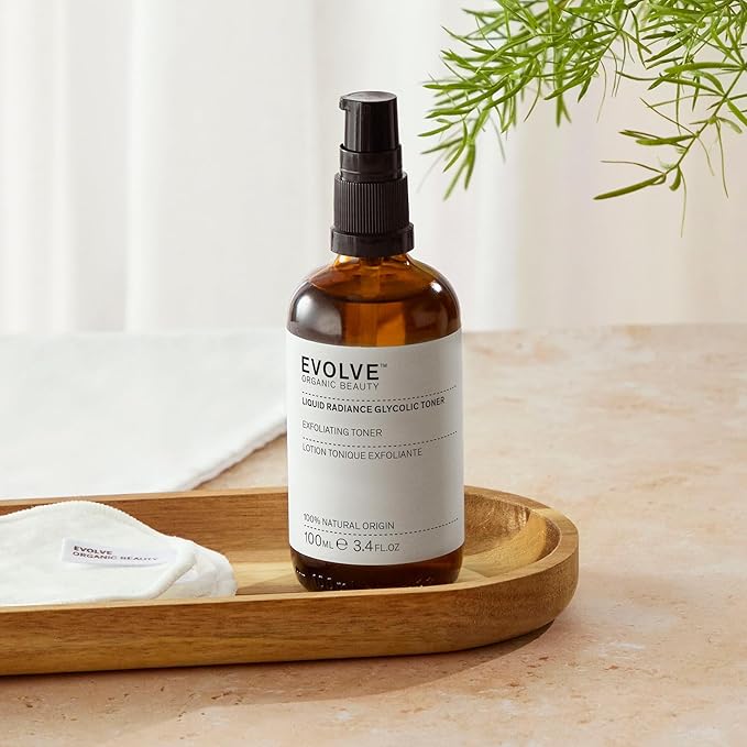 Evolve Organic Beauty - Liquid Radiance Glycolic Toner | Smoothe, Hydrate, Tone, Exfoliate | Malic + Citric Acid, Galactoarabian | Small-Batch, Vegan Clean Beauty (3.4 fl oz | 100 mL) Package May Vary