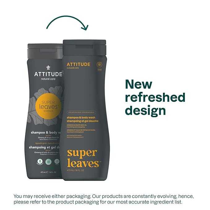 ATTITUDE 2-in-1 Body Wash and Hair Shampoo, EWG Verified Shower Gel, Dermatologically Tested, Made with Naturally Derived Ingredients, Vegan Personal Care, Ginseng and Grapeseed Oil, 16 Fl Oz