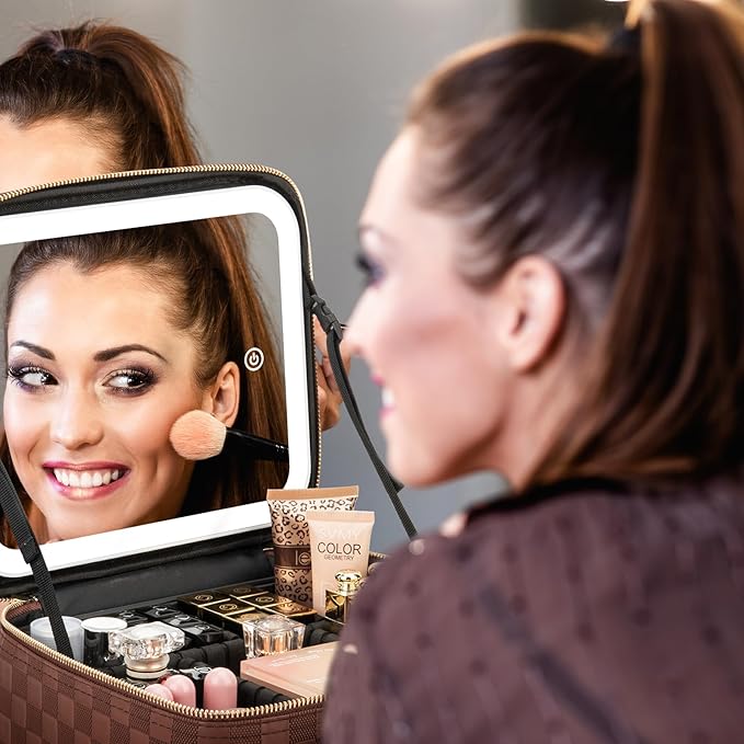 Makeup Travel Train Case with Mirror LED Light 3 Adjustable Brightness Cosmetic Bag Portable Storage Adjustable Partition Waterproof Makeup Brushes Makeup Jewelry Gift for Women