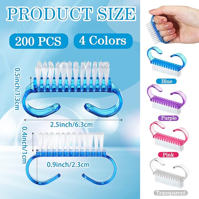 200 Pcs Handle Grip Nail Brush Fingernail Scrub Cleaning Cleaner Nail Brushes Scrubber Bulk for Men Women Hands Feet Toes and Nails Pedicure, 4 Colors