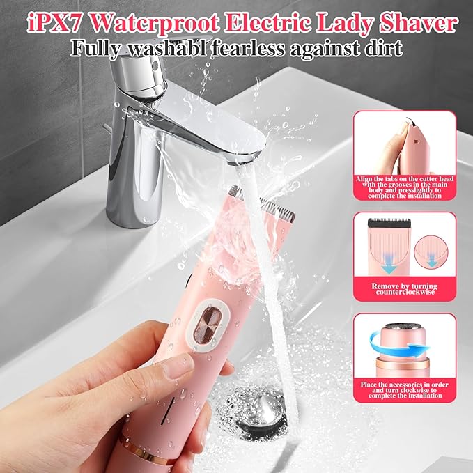 Glow Aura Womens Shaver 2 in 1, Glow Aura Electric Razor, 2 in 1 Women Electric Shaver Dual Head Bikini Trimmer for Women, IPX67 Waterproof Wet & Dry Use Body Hair Trimmer (Pink)