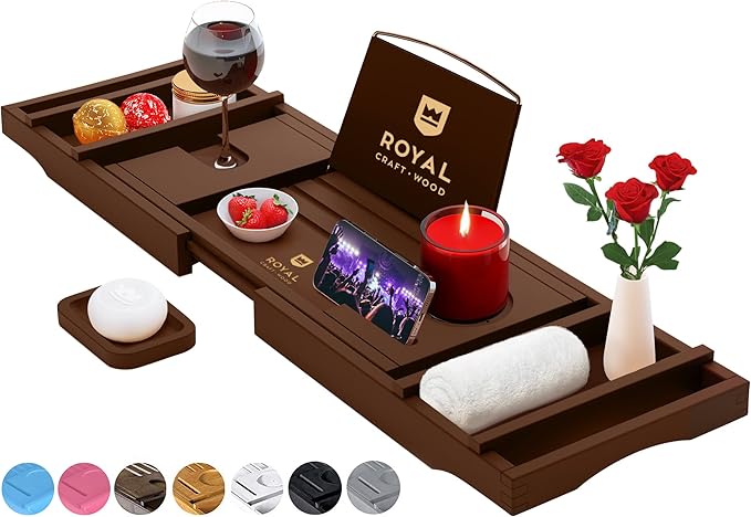ROYAL CRAFT WOOD Non-Foldable Bathtub Tray - Wood Bath Tray for Tub, Bamboo Bathtub Shelf, Expandable Bath Table Tray, Luxury Bathtub & Bathroom Accessories for New Home & Unique Gift for Women