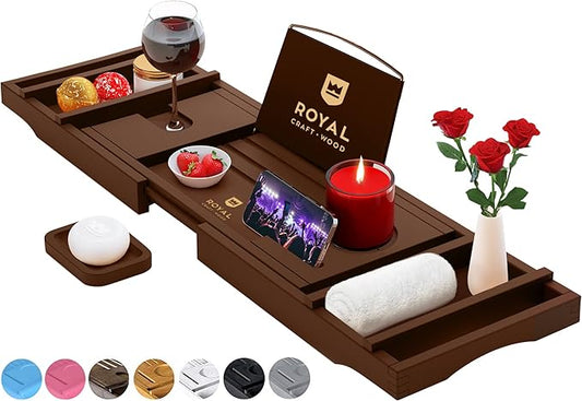 ROYAL CRAFT WOOD Non-Foldable Bathtub Tray - Wood Bath Tray for Tub, Bamboo Bathtub Shelf, Expandable Bath Table Tray, Luxury Bathtub & Bathroom Accessories for New Home & Unique Gift for Women