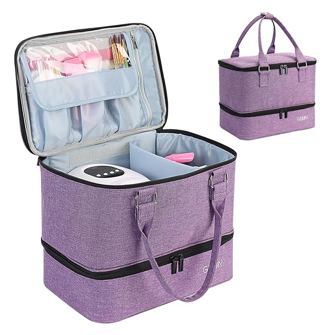 Nail Polish Organizer Bag,Double Layer Nail Polish Storage Fits a Nail Lamp and 40 Bottles,Great Size Nail Storage Organizer For Nail Drill,Nail Supplies Set (Bag Only)-Purple