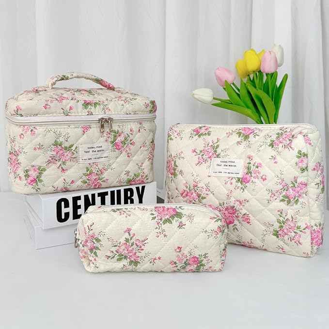 3Pcs Cotton Quilted Makeup Bag for Women Girls, Large Floral Cosmetic Bag Set Cute Makeup Brushes Aesthetic Accessories Storage Bag Pink Flower Travel Toiletry Bag Organizer
