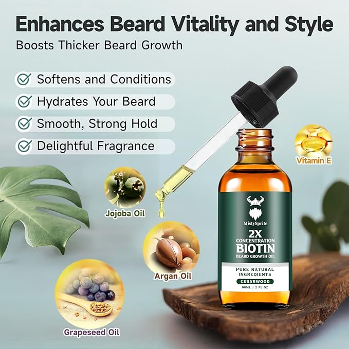 Beard Growth Oil - 2X Concentration Biotin Beard Oil for Men (2 oz) - Natural Mens Beard Oil with Argan Oil, Jojoba Oil and Vitamin, Beard Growth Softener, Moisturizer (Cedarwood)