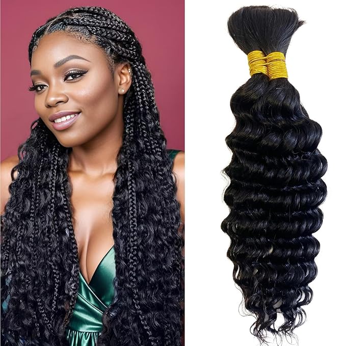 Human Braiding Hair 2 Bundles Deep Wave Bulk Human Hair for Braiding 16 inch Black