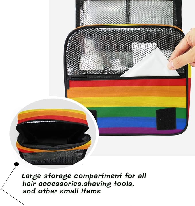 YVONAU Hanging Toiletry Bag Rainbow Pride Flag Stripe Portable Travel Cosmetic Makeup Bag Bathroom Shower Shaving Kit Organizer Bag for Men Women