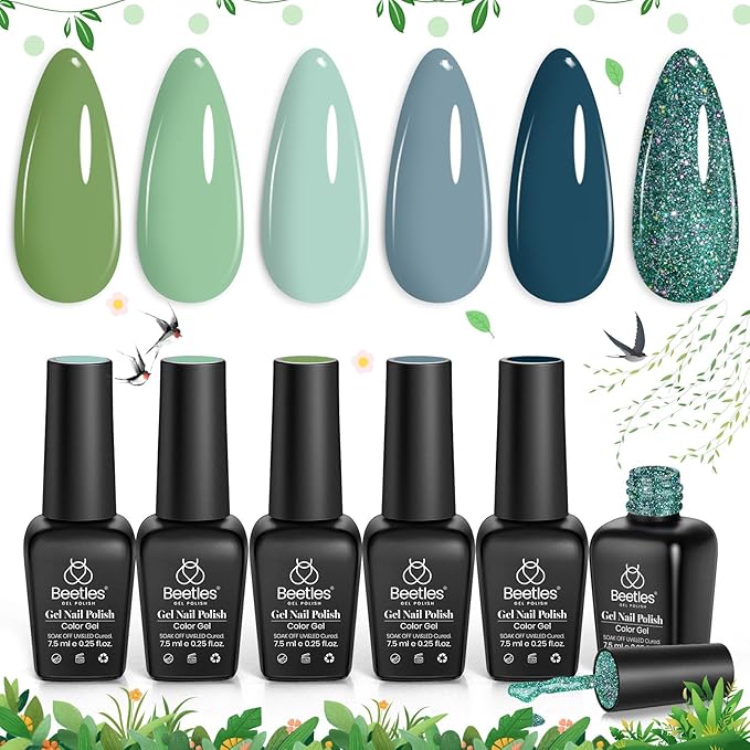 Beetles Spring Gel Nail Polish Set - 6 Colors Green Blue Glitter Gel Nail Polish Gel Soak off Uv Gel Polish Nail Art Manicure Gifts for Women
