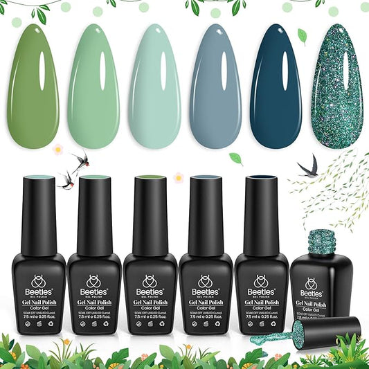 Beetles Spring Gel Nail Polish Set - 6 Colors Green Blue Glitter Gel Nail Polish Gel Soak off Uv Gel Polish Nail Art Manicure Gifts for Women
