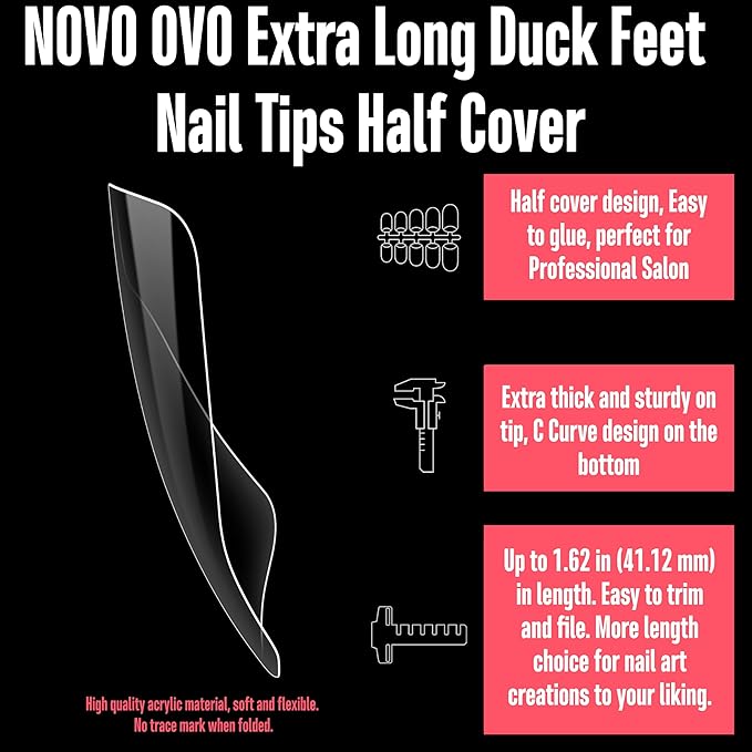 110 pcs Extra Super Long Duck Feet Nail Tips Half Cover for Press On Acrylic, Clear XXL XXXL Y2K Wide French Winter Flare Nail Soft Gel Extension for Salon DIY x 11 Sizes