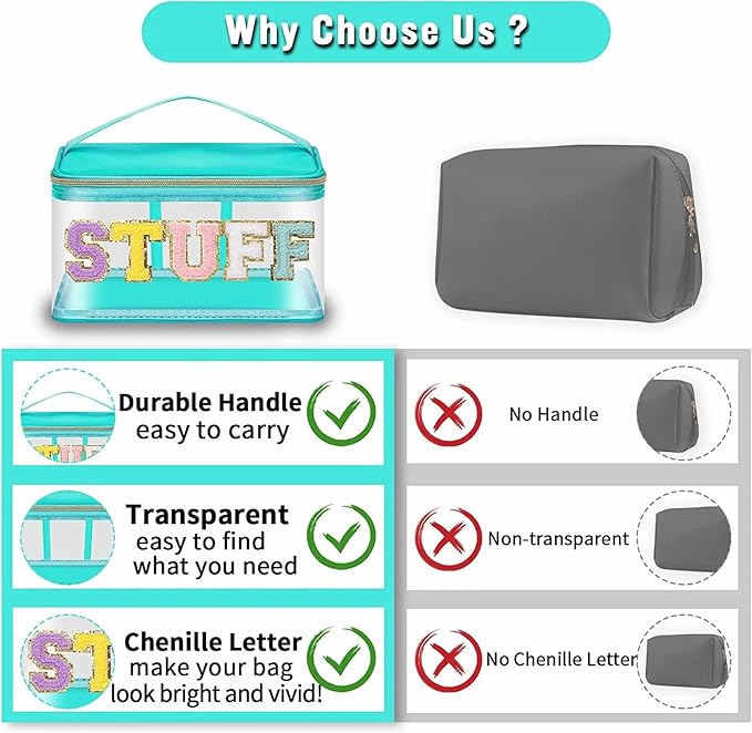 2 Pack Chenille Letter Clear Makeup Bags Stuff Pouch, Preppy Patch Makeup Bag Zipper with Handle, Pink Stuff Bags for Travel Nylon Waterproof Glitter Cosmetic Toiletry Storage for Women(Pink+Green)