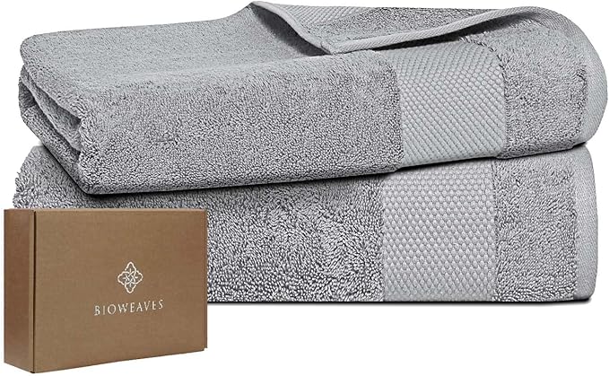 BIOWEAVES 100% Organic Cotton 700 GSM Plush Bath Towels 30" x 58" GOTS Certified - Light Grey, Pack of 2
