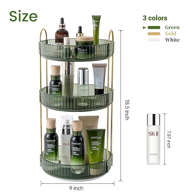 Aveniee Rotating Makeup Organizer for Vanity, 3 Tier Skin Care Perfume Bathroom Counter Organizers and Storage, Clear Spinning Cosmetics Storage Holder for Dresser(Green)