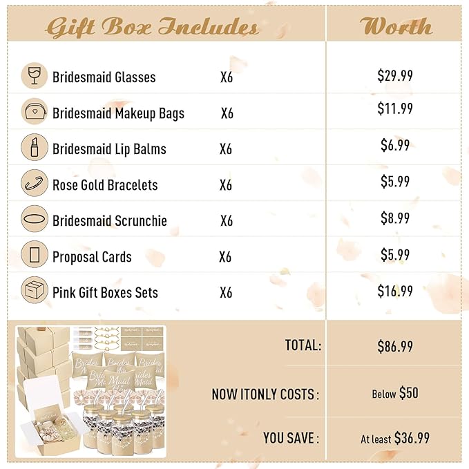 54 Pcs Bridesmaid Proposal Gifts Bridesmaid Box Set Include Bridal Shower Gift Box Makeup Bag Invited Card Glass Cup Lip Balm Scrunchie Hair Knotted Bracelet for Maid of Honor(Beige)