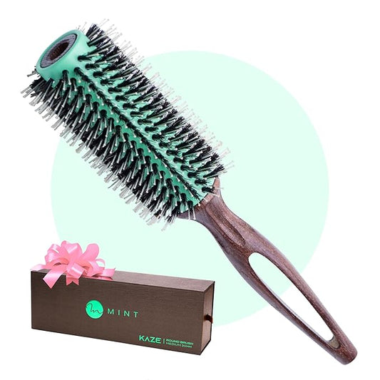 MINT Eco-Friendly Boar Bristle Round Brush for Blow Drying | Durable Blowout Styling for All Hair Types | Ceramic Round Brush with Hand-Crafted Wooden Handle (30 mm)