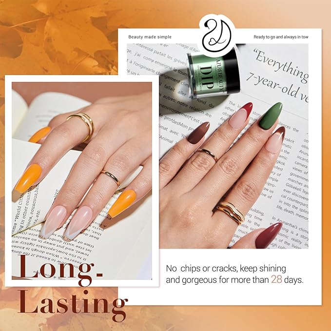 AZUREBEAUTY Dip Nails Powder Starter Kit, Maple Grey Sage Green Dark 8 Colors Set with Nail Sticks, Fall Nail Art Base Glossy/Matte Top Coat Activator Essential Liquid Manicure DIY Salon 30 PCS