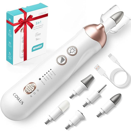 COSLUS Professional Manicure Pedicure Kit: 5 in 1 Electric Nail File Set Toenail Grinder, 5 Speed Cordless Nail Drill for Thick Nail Toenail Cuticle, Hand Feet Trimmer Buffer for Women Men Baby Pets