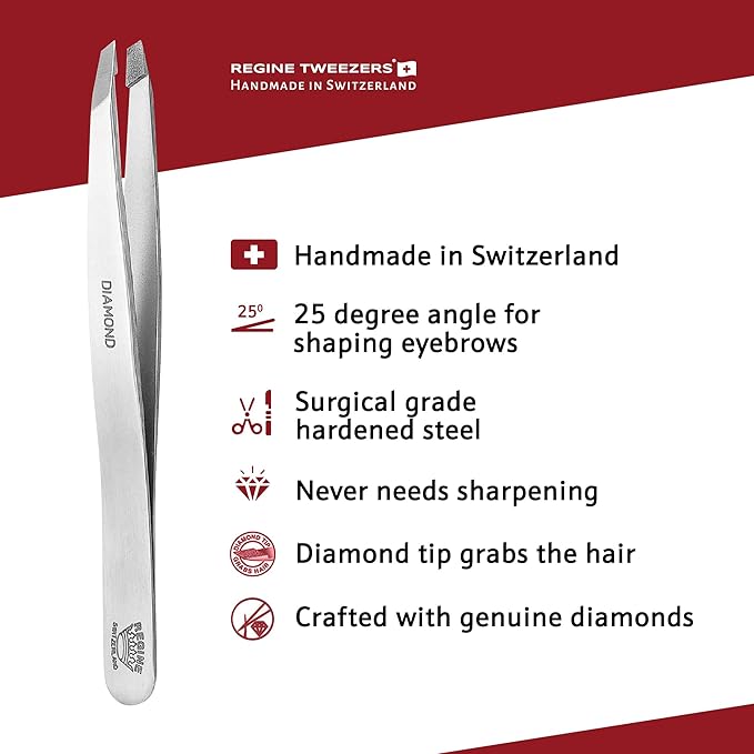 Professional Tweezers Diamond Slant Tip - Diamond Tip Tweezers for Men & Women - High Precision Design for Face, Eyebrow, Hair & Grooming - Stainless Steel Handmade Beauty Tool