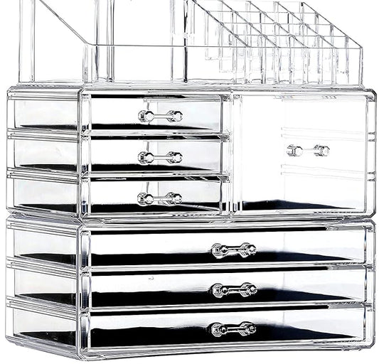 Cq acrylic 3 Pack Clear Make Up Organizers for Vanity,Stackable 7 Drawers Make Up Organizer,Cute Desk Organizer for Vanity Jewelry,Hair Clip,Beauty,Skincare Product Dresser Acrylic Drawer Organizer