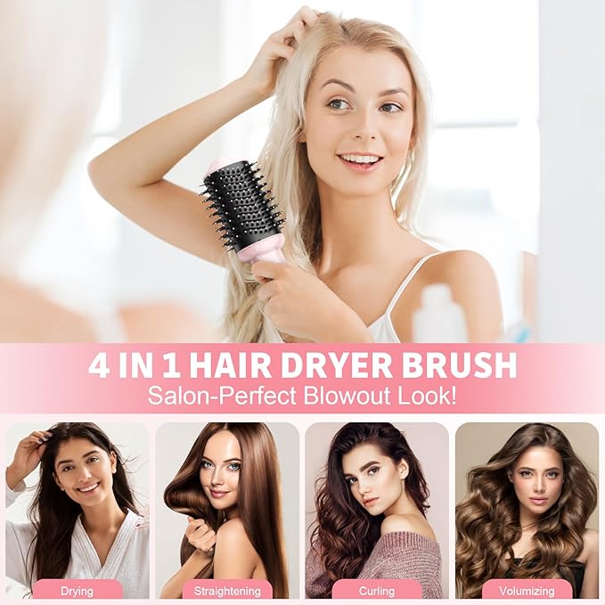 Hair Dryer Brush Blow Dryer Brush in One, 4 in 1 Hair Dryer and Styler Volumizer with Oval Barrel, Professional Salon Hot Air Brush for All Hair Types, Bright Pink